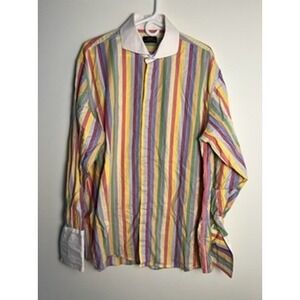 Steven Land XXL 18 36/37 Tall Striped Dress Shirt French Cuff Multi Color Preppy